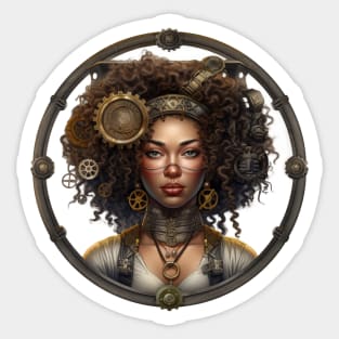 Steampunk Beauty: A Stunning Brown Woman in Gear-Adorned Afro Sticker